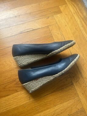 Salvatore Ferragamo Navy Leather Espadrille Wedge Flats from 80’s.